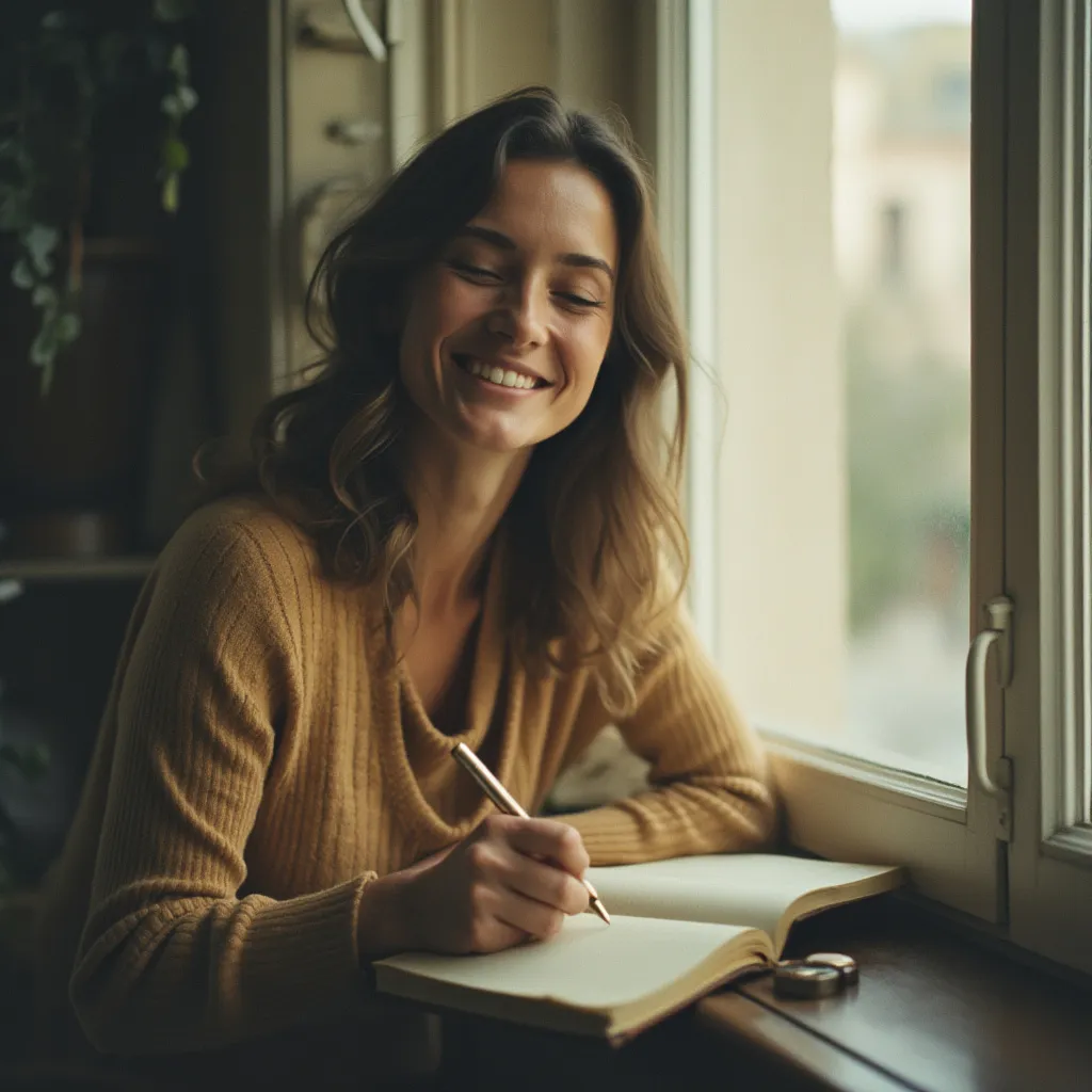 Mujer sonriendo mientras escribe